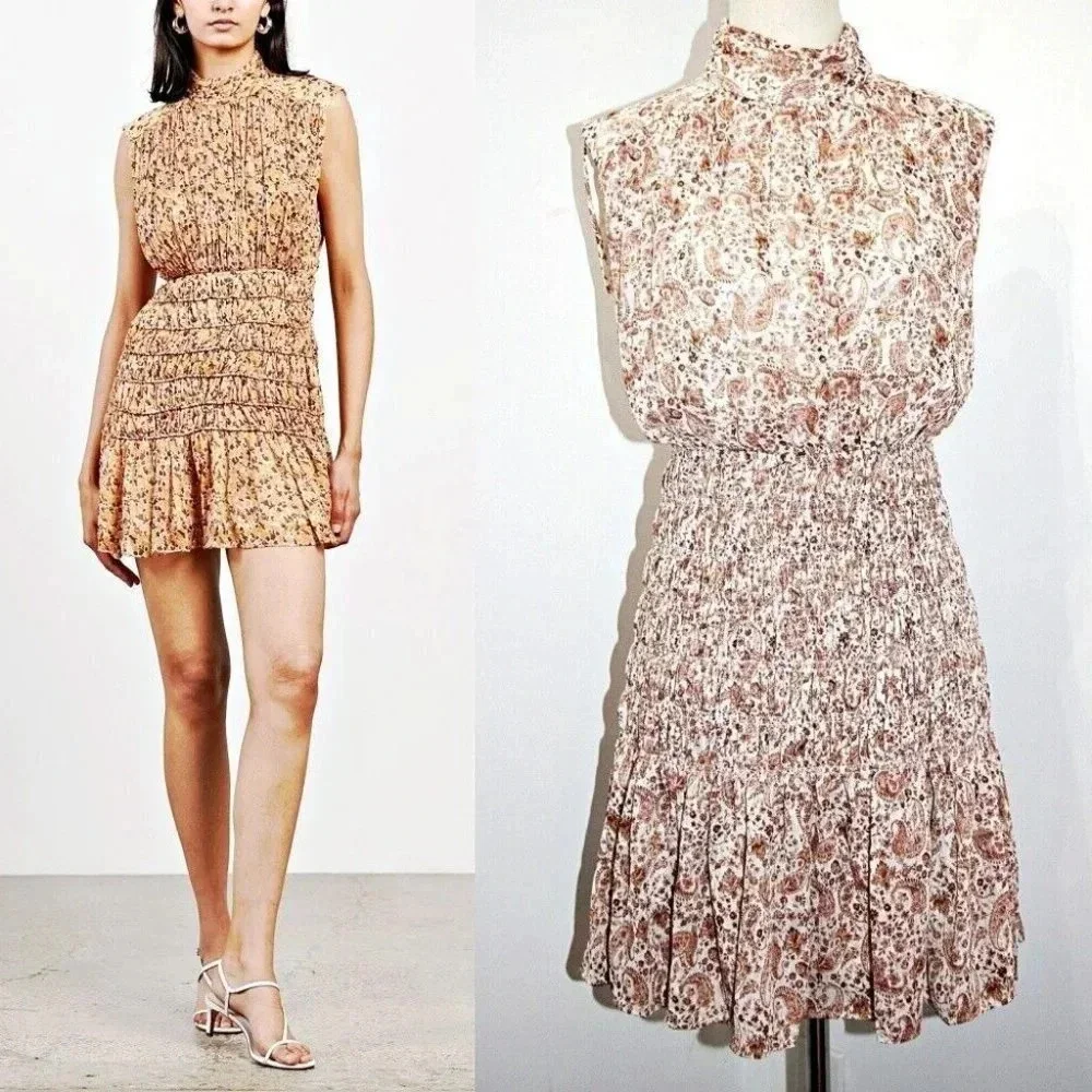House of Harlow SHONA JOY Colette MockNeck Smocked Paisley Metallic Mini Dress L - Picture 2 of 10